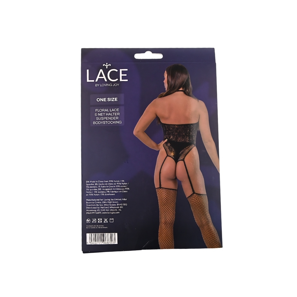 Lace by LJ Floral Lace & Net Halter Suspender Bodystocking Black - Image 12